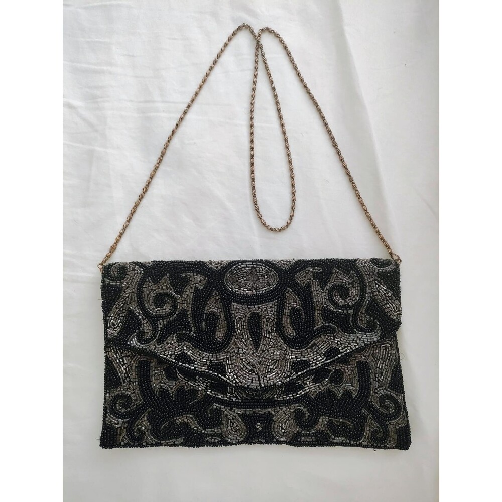 Black & Silver Hand Beaded Evening Clutch Bag Chain Strap Vintage Style - Picture 2 of 9